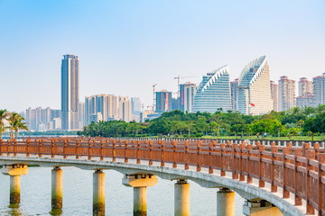 Bridges and buildings in Golden Bay, Zhanjiang city