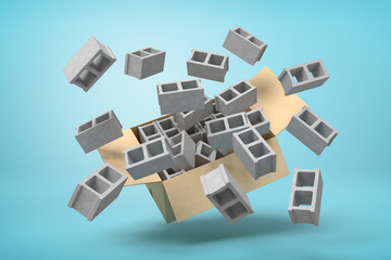 3d rendering of cardboard box in air full of gray hollow bricks which are flying out and floating outside on blue background.