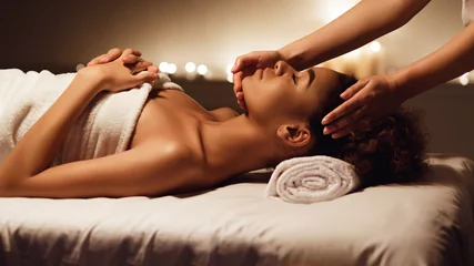Photo sur Plexiglas Spa Massage du visage. Femme afro-américaine recevant un traitement spa