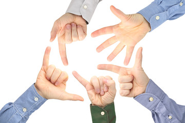 Various gestures of male hands between each other on a white background