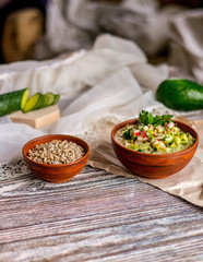 Tasty traditional Russian cold soup Оkroshka in healthy vegan version