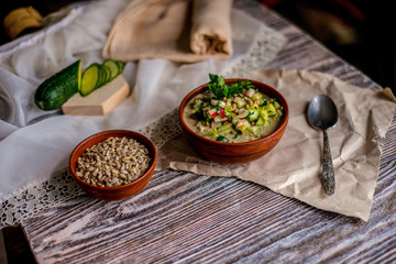 asty traditional Russian cold soup Оkroshka in healthy vegan version