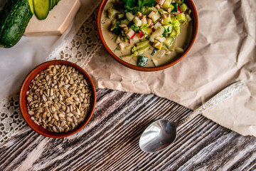 asty traditional Russian cold soup Оkroshka in healthy vegan version