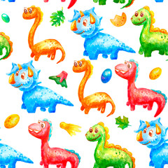 Seamless pattern watercolor colorful dinosaurs with eggs, trace, volcano ana leafs on white background. For wallpaper or print or textile about dragon for kids.