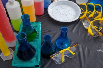 Top flat shot of Lab Flask with colorful liquid for science experiments