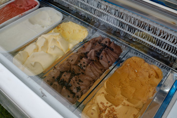 Close up of Ice cream in transparent freezer display