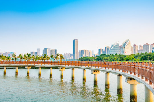 Bridges and buildings in Golden Bay, Zhanjiang city