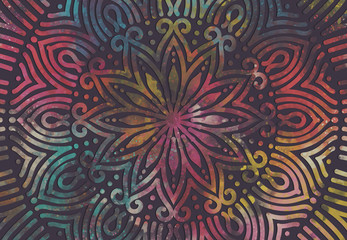 Abstract mandala graphic design and watercolor digital art painting for ancient geometric concept background