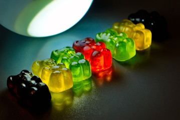 Multicolored jelly bears. Delicious jelly bears. Macro photo.