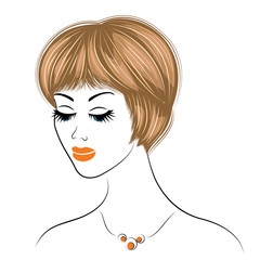 Silhouette of the head of a cute lady. The girl shows the hair bob care with short and medium hair. Suitable for logo, advertising. Vector illustration