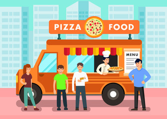 Food Truck in Modern City Vector Illustration