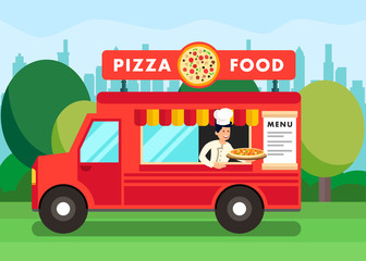 Chef in Pizza Food Truck Cartoon Illustration