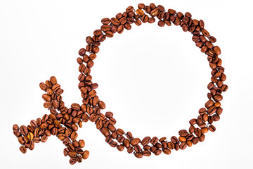 Isolated female sex sign made with coffee beans. Special coffee for women.