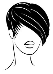 Silhouette of the head of a cute lady. The girl shows the hair bob care with short and medium hair. Suitable for logo, advertising. Vector illustration.
