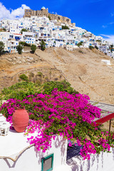 beautiful Astypalea island - view of old castle and Chora village. Greece