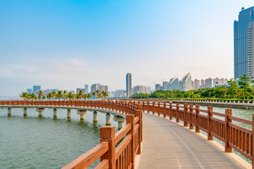 Bridges and buildings in Golden Bay, Zhanjiang city