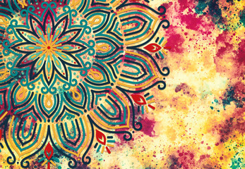 Abstract mandala graphic design and watercolor digital art painting for ancient geometric concept...