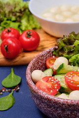 fresh vegetables and a bowl of salad with mozzarella on a blue background.  Caprese salad . Lettuce, cherry tomatoes, mozzarella, 