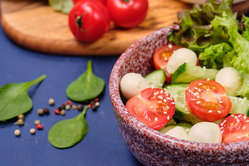 fresh vegetables and a bowl of salad with mozzarella on a blue background.  Caprese salad . Lettuce, cherry tomatoes, mozzarella, 