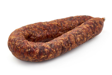 Smoked salami sausage, dried meat, close-up, isolated on white background