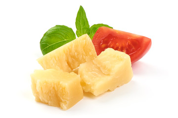 Pieces of parmigiano reggiano or parmesan cheese, close-up, isolated on white background