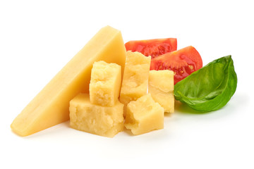 Pieces of parmigiano reggiano or parmesan cheese, close-up, isolated on white background