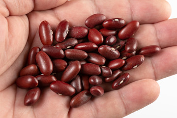 Raw Red Beans In The Hand Above White Background