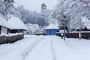Traditional blue house in the Village Museum during a snowy winter - 263282032