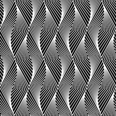 Abstract vector seamless op art pattern with rhombus. Monochrome graphic black and white ornament. Striped optical illusion repeating texture.