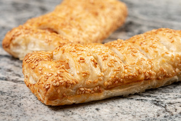 Puff Pastry With Hot Dog On The Grey Marble