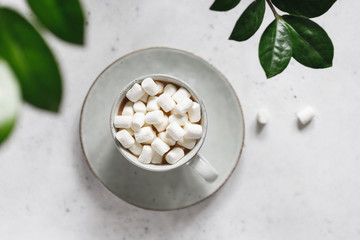 Hot chocolate with marshmallow in a ceramic mug over textured white background. Minimalist style, top view, copy space.