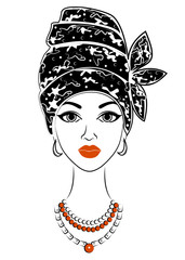 Silhouette of a head of a sweet lady. A bright shawl and a turban are tied on the head of an African-American girl. The woman is beautiful and stylish. Vector illustration.