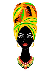 Head of a sweet lady. A bright shawl and a turban were fixed on the head of the African American girl. The woman is beautiful and stylish. Vector illustration