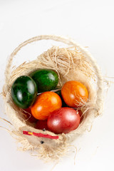 Colored Chicken Easter Eggs In The Basket