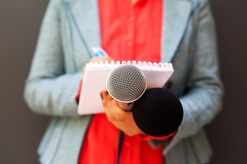 Female journalist at press conference, writing notes, holding microphone