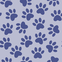 Fototapeta na wymiar Paw blue print seamless. Vector illustration animal paw track pattern. backdrop with silhouettes of cat or dog footprint.