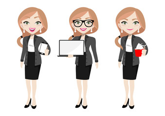 Fototapeta na wymiar Businesswoman cartoon character, set of three poses. Beautiful business woman in office style clothes holding mobilephone, laptop and holding coffee cub. Vector illustration