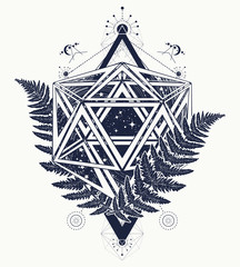 Icosahedron and fern. Mathematical art. Esoteric symbol physics, science and chemistry. Alchemy philosophers stone concept. Sacred geometry tattoo and t-shirt design - obrazy, fototapety, plakaty