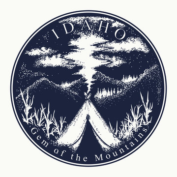 Idaho. Tattoo and t-shirt design. Welcome to state of Idaho, (USA). Gem of the mountains slogan. Travel art concept