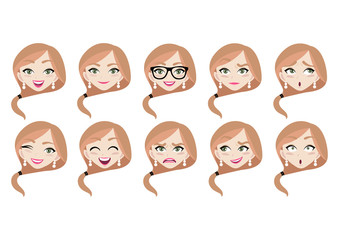 Set of lady face and different emotions in cartoon style Business woman cartoon character creation set. Young lady and Beautiful smiling businesswoman, Vector and illustration