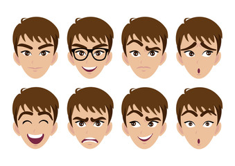 Set of man face and different emotions. Vector character illustration in cartoon style Business man cartoon character creation set. Young boy and Beautiful smiling businessman, Vector and illustration