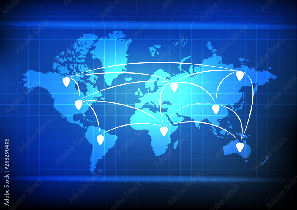 Poster vector : world map and network on blue grid background