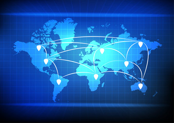 Vector : World map and network on blue grid background