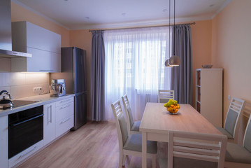 Interior. Kitchen modern, white, gray, beige color