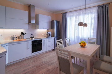 Interior. Kitchen modern, white, gray, beige color