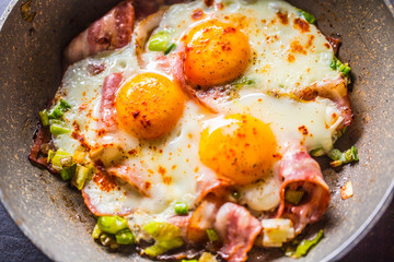 English breakfast fried bacon ham and eggs in ceramic pan
