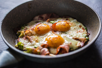 English breakfast fried bacon ham and eggs in ceramic pan