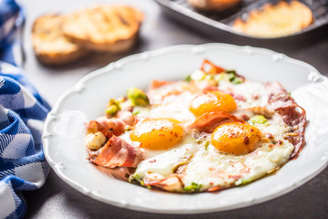 English breakfast fried bacon ham and eggson white plate