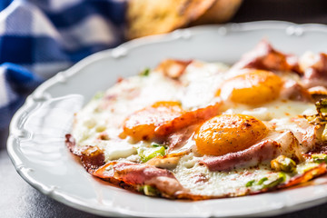 English breakfast fried bacon ham and eggson white plate