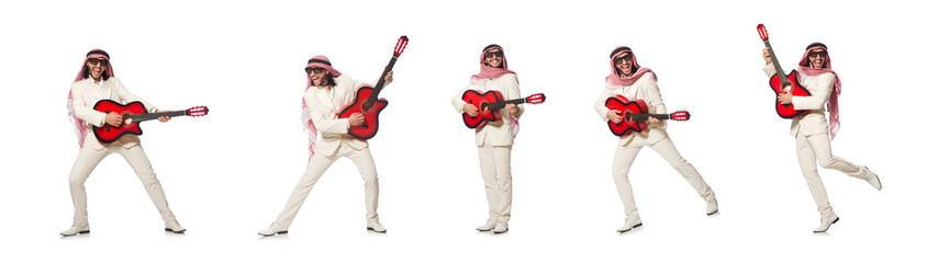 Arab man with guitar on white